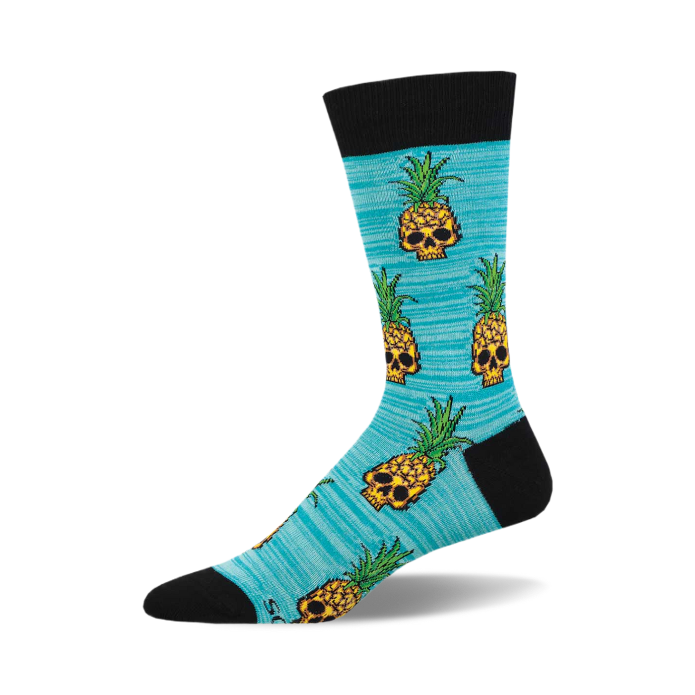 Crew socks in teal with a repeating pattern of pixelated pineapple skulls. Black cuff.