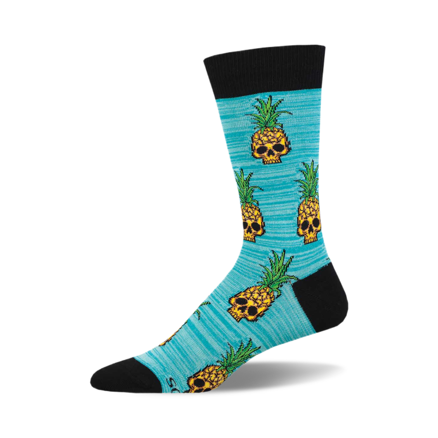 Crew socks in teal with a repeating pattern of pixelated pineapple skulls. Black cuff.
