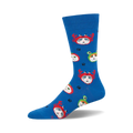 Crew socks in bright blue featuring cats in crab, strawberry, and frog costumes.  Red, green, and white accents on a predominantly blue background.