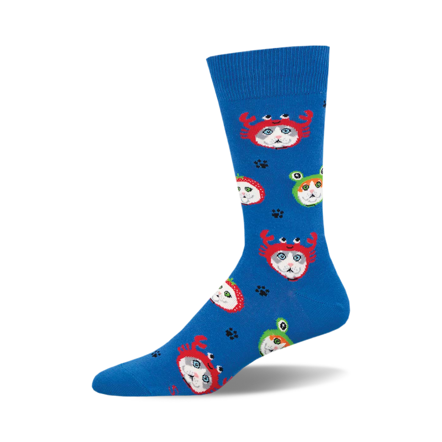 Crew socks in bright blue featuring cats in crab, strawberry, and frog costumes.  Red, green, and white accents on a predominantly blue background.