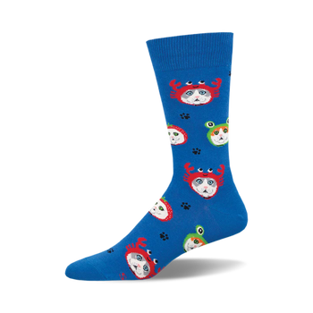 Crew socks in bright blue featuring cats in crab, strawberry, and frog costumes.  Red, green, and white accents on a predominantly blue background.