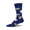 A navy blue crew sock with a fun pattern of pufferfish and bubbles. The pufferfish are light brown and tan with yellow eyes.