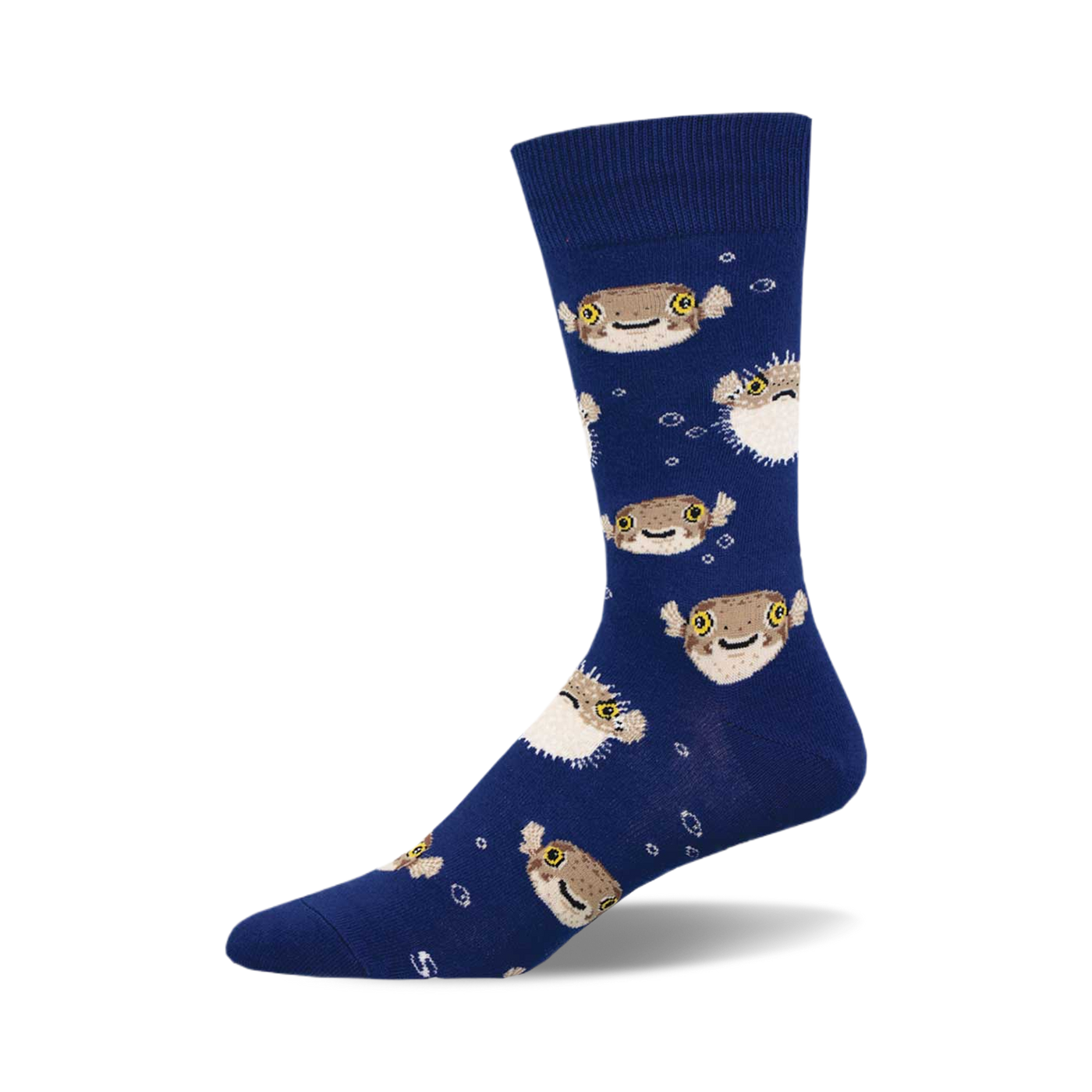 A navy blue crew sock with a fun pattern of pufferfish and bubbles. The pufferfish are light brown and tan with yellow eyes.