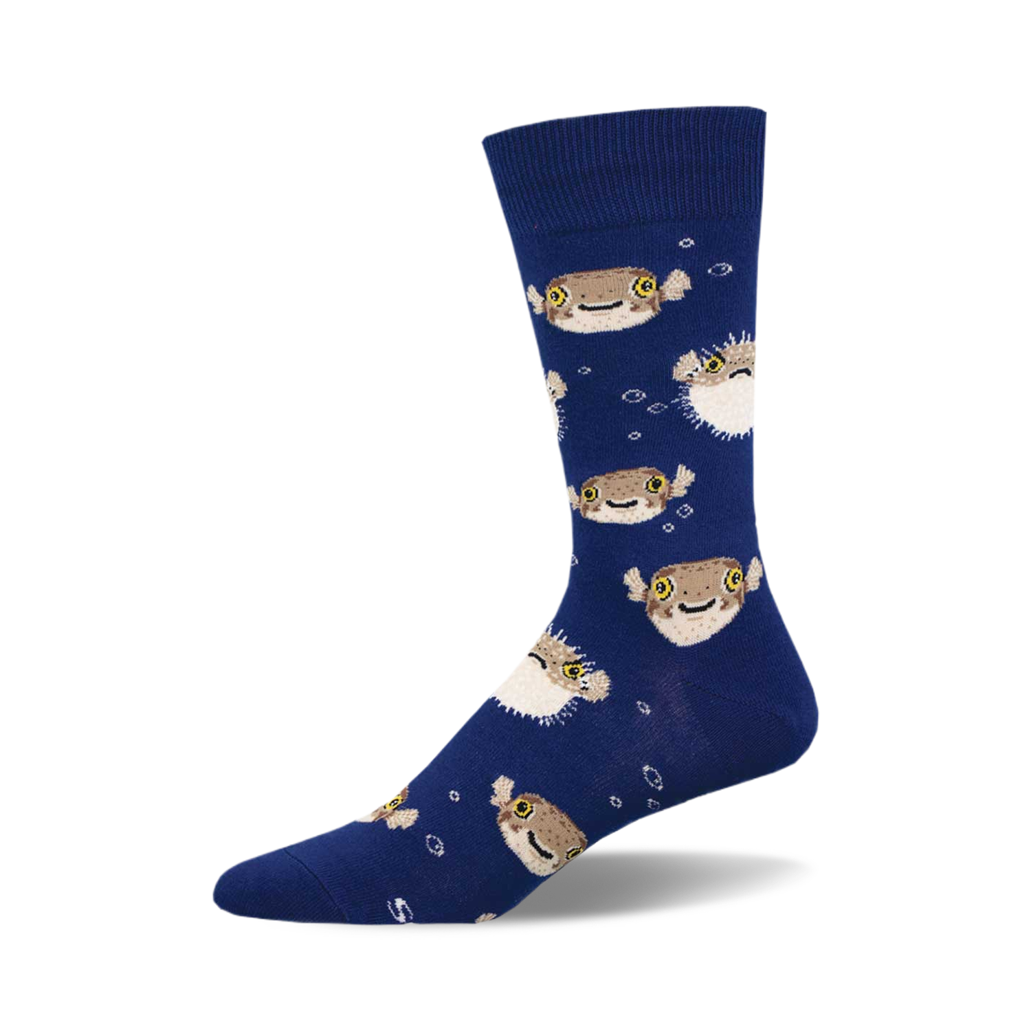 A navy blue crew sock with a fun pattern of pufferfish and bubbles. The pufferfish are light brown and tan with yellow eyes.