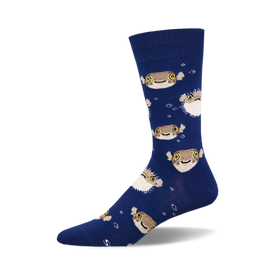 socks that are blue with a pattern of pufferfish. the pufferfish are brown and have yellow eyes.