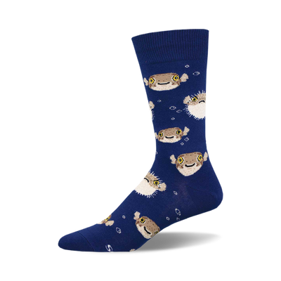 socks that are blue with a pattern of pufferfish. the pufferfish are brown and have yellow eyes.