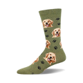 Olive green crew socks with a repeating pattern of happy Golden Retriever faces and black paw prints.