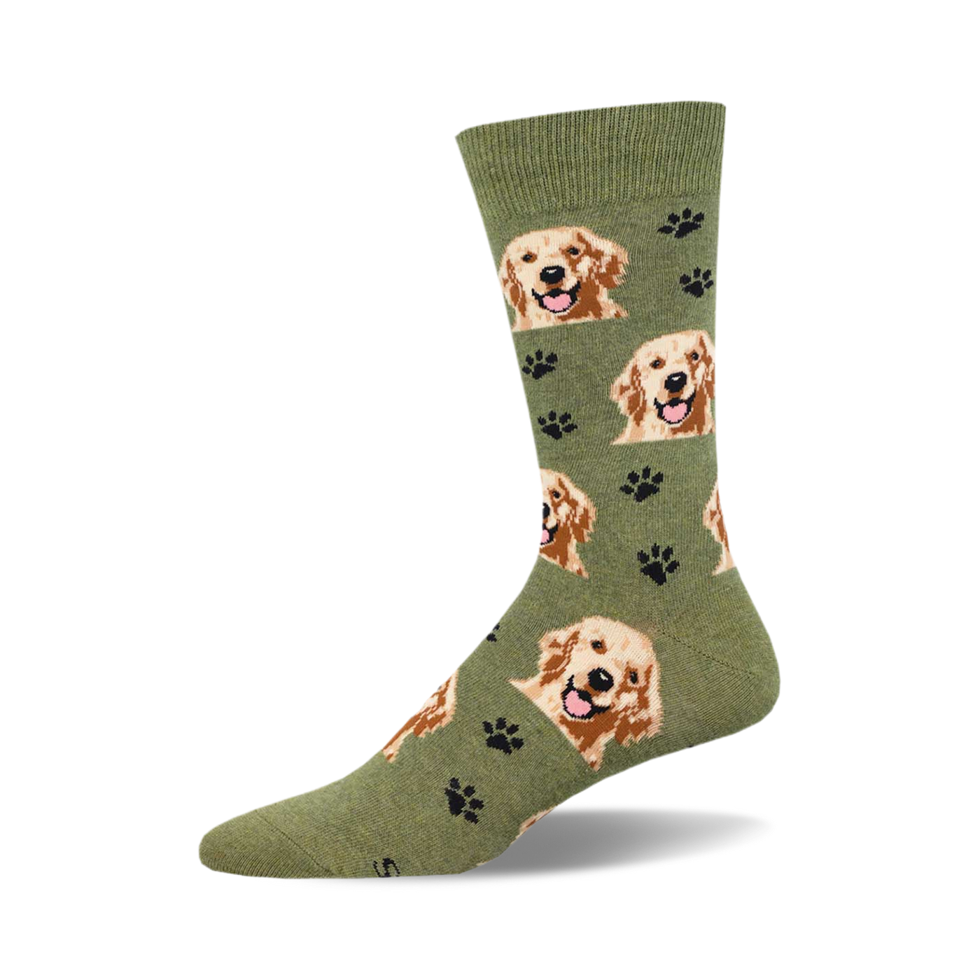 Olive green crew socks with a repeating pattern of happy Golden Retriever faces and black paw prints.