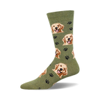 Olive green crew socks with a repeating pattern of happy Golden Retriever faces and black paw prints.