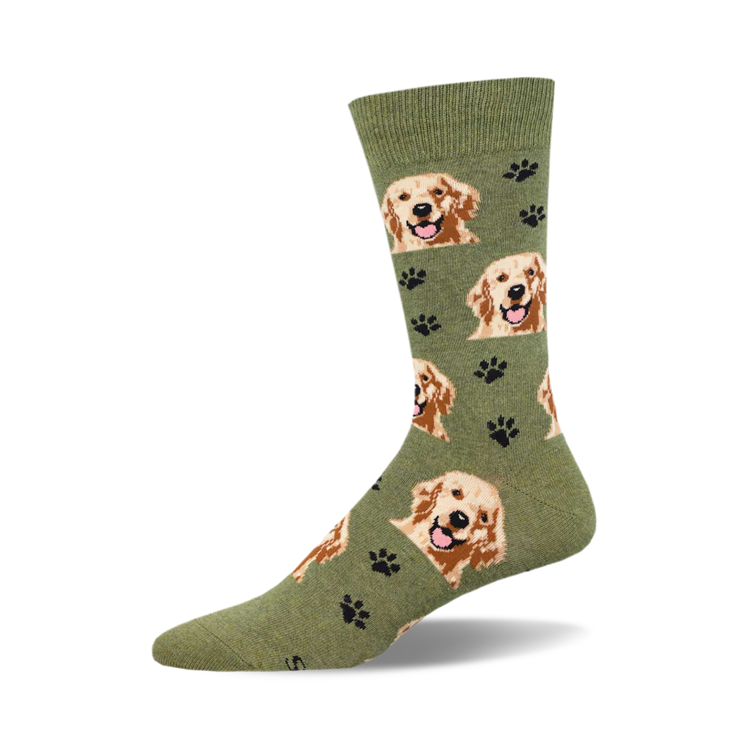 Olive green crew socks with a repeating pattern of happy Golden Retriever faces and black paw prints.