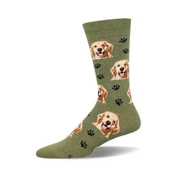 socks that are dark green with a pattern of golden retrievers and brown paw prints.