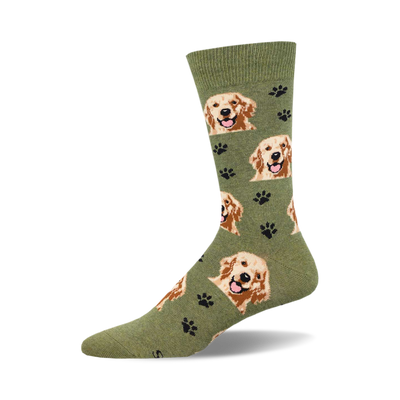 socks that are dark green with a pattern of golden retrievers and brown paw prints.