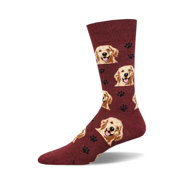 Maroon crew socks with repeating pattern of smiling Golden Retriever faces and dark brown paw prints. }}