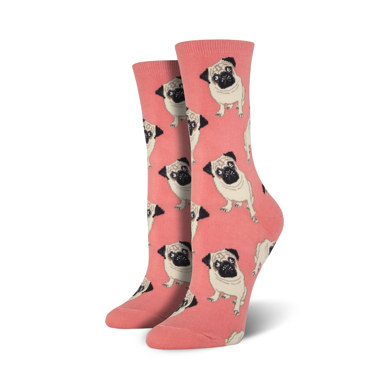 Pair of crew socks; coral background with repeating pattern of light brown pugs; fun, quirky style.