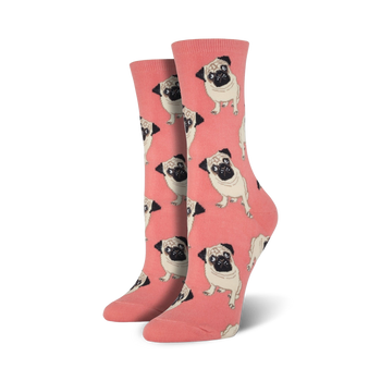 pugs dog themed womens pink novelty crew socks