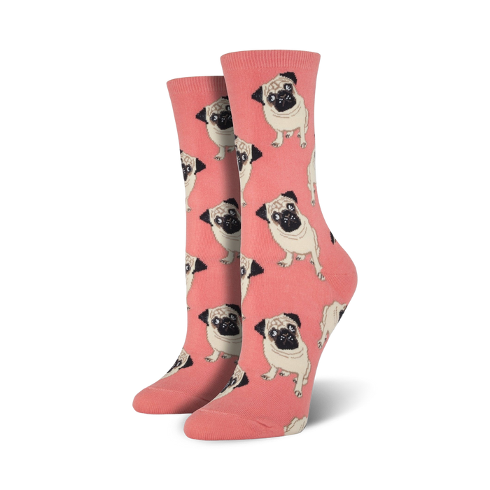 cartoon pugs pattern, pink crew socks, women's, dog theme.  