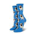 Lifestyle shot showing the blue pug socks on a person's feet.