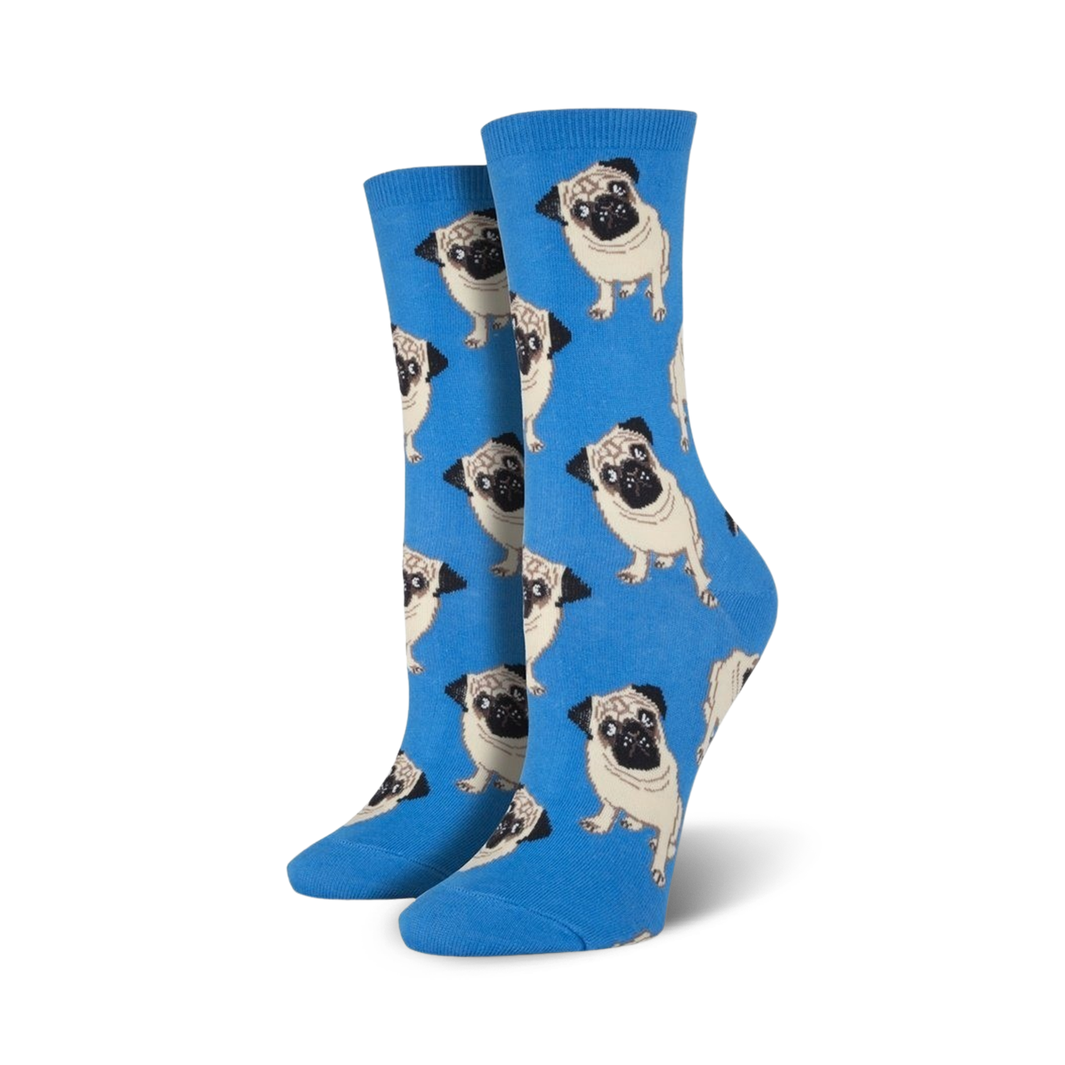 Lifestyle shot showing the blue pug socks on a person's feet.