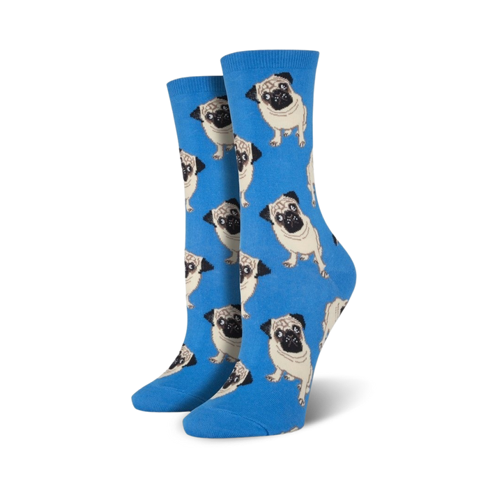 blue crew socks for women with a pattern of brown pugs with black muzzles.  