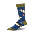 Crew socks in blue with a pattern of bass fish, fishing hooks, and lures. Olive green cuff.