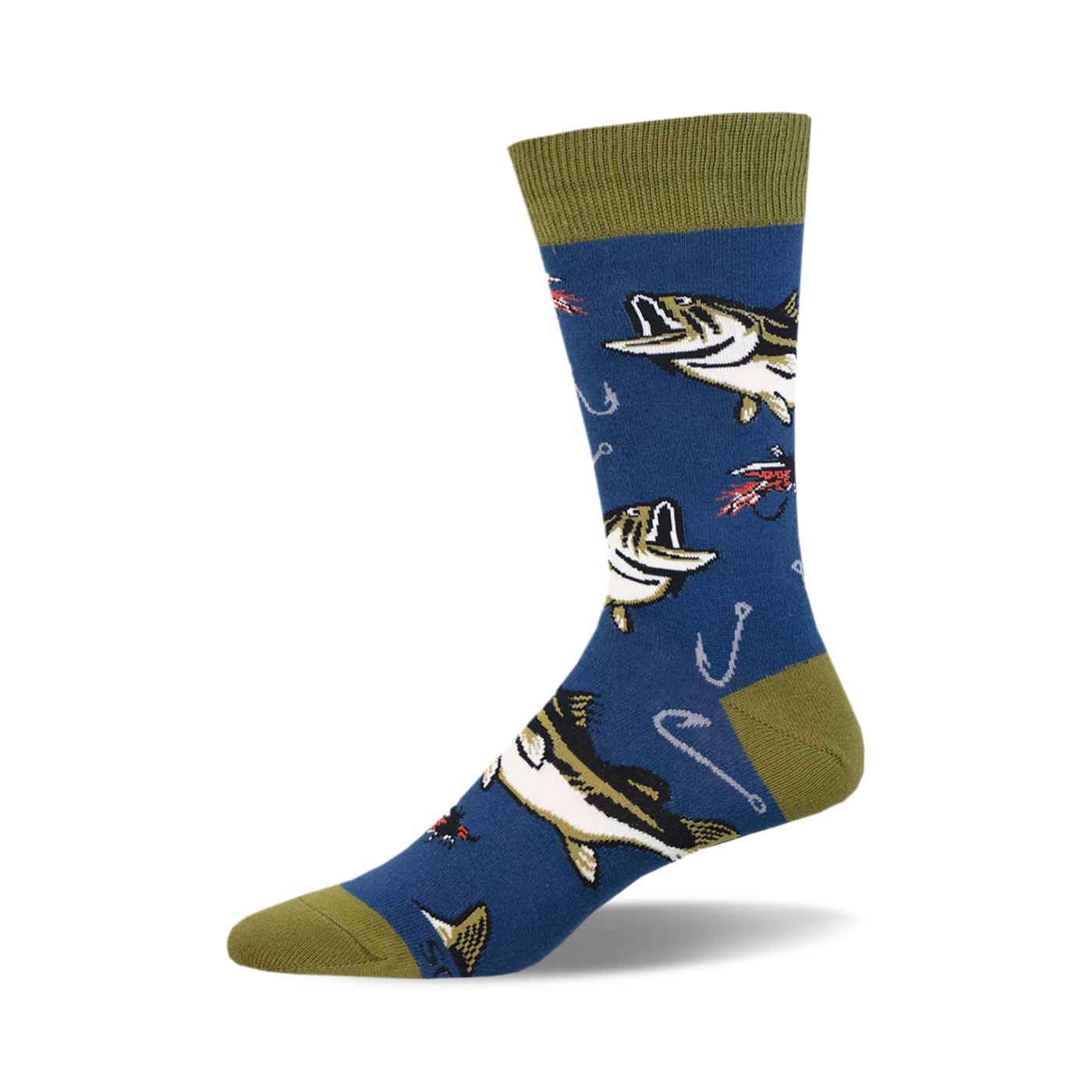 Crew socks in blue with a pattern of bass fish, fishing hooks, and lures. Olive green cuff.
