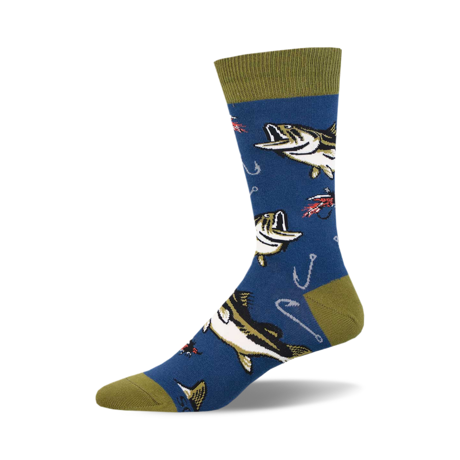 Crew socks in blue with a pattern of bass fish, fishing hooks, and lures. Olive green cuff.