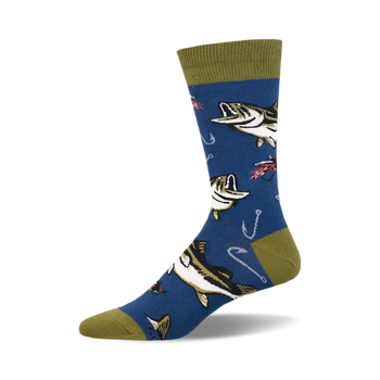 the blue socks have a pattern of largemouth bass fish in an olive green color. the fish are shown with their mouths open and have a fishing hook in them. there are also fishing lures in the pattern.