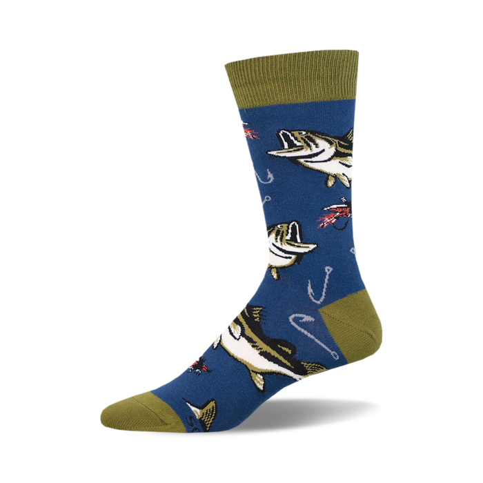 the blue socks have a pattern of largemouth bass fish in an olive green color. the fish are shown with their mouths open and have a fishing hook in them. there are also fishing lures in the pattern. }}