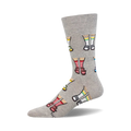Gray crew socks with a repeating pattern of illustrated legs wearing different sandals: red, white, and blue styles.