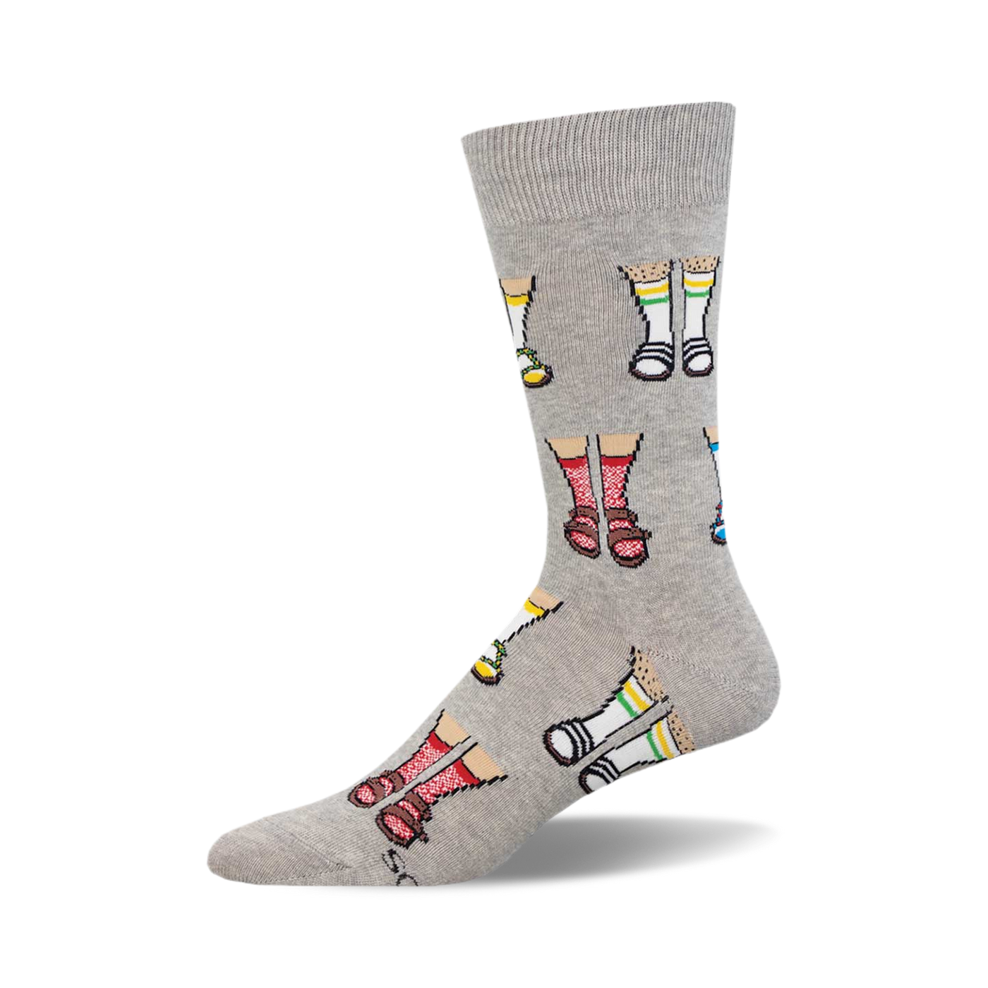 Gray crew socks with a repeating pattern of illustrated legs wearing different sandals: red, white, and blue styles.