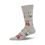 Gray crew socks with a repeating pattern of illustrated legs wearing different sandals: red, white, and blue styles.