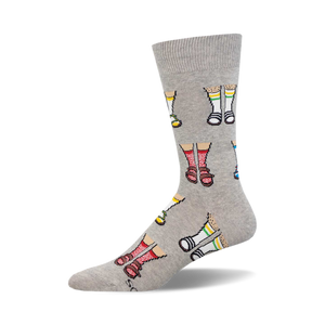 Gray crew socks with a repeating pattern of illustrated legs wearing different sandals: red, white, and blue styles.