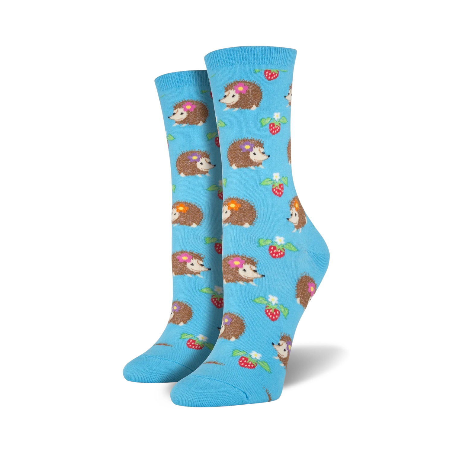 Pair of crew socks in light blue featuring a repeating pattern of hedgehogs wearing flowers and strawberries.