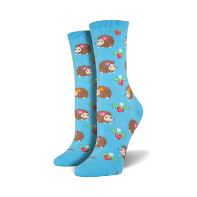 blue crew socks with cartoon hedgehogs, flowers, and strawberries.  