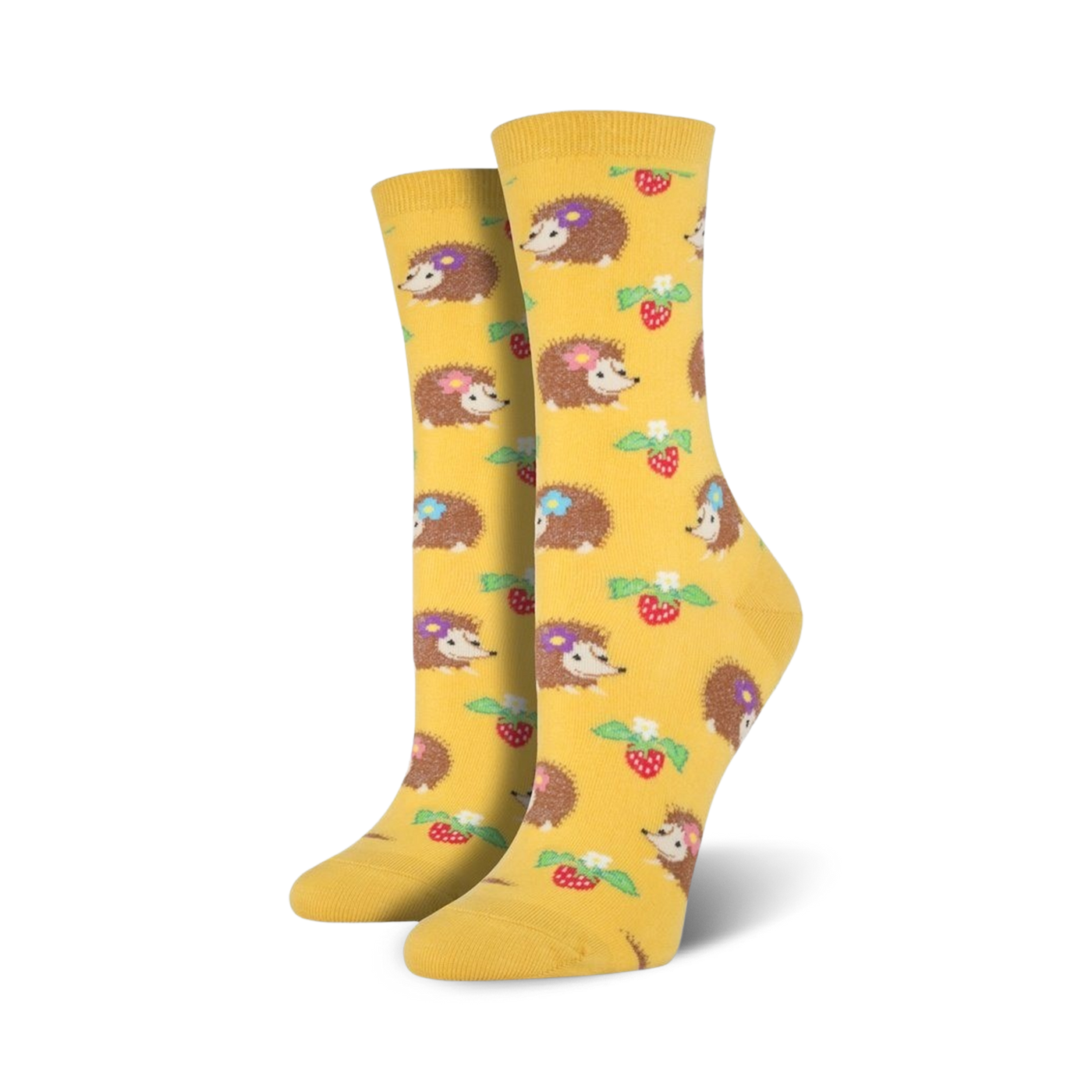 Lifestyle shot of the yellow hedgehog socks, showcasing them on a person's feet.