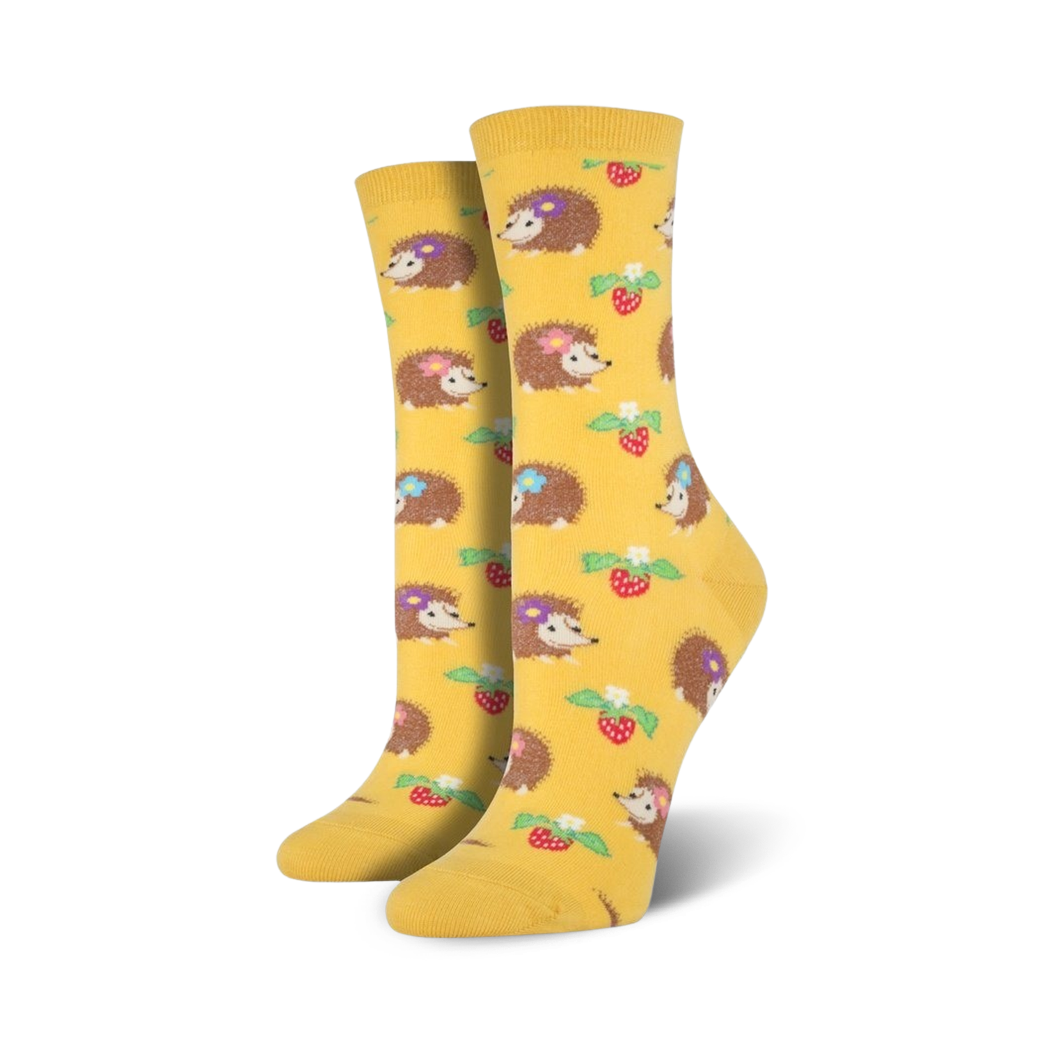 Lifestyle shot of the yellow hedgehog socks, showcasing them on a person's feet.