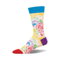 Crew socks in white with a rainbow-colored floral pattern, featuring roses and leaves.  The cuff is teal, and the heel is purple.