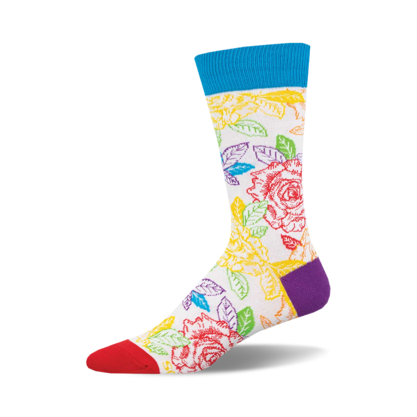Crew socks in white with a rainbow-colored floral pattern, featuring roses and leaves.  The cuff is teal, and the heel is purple.