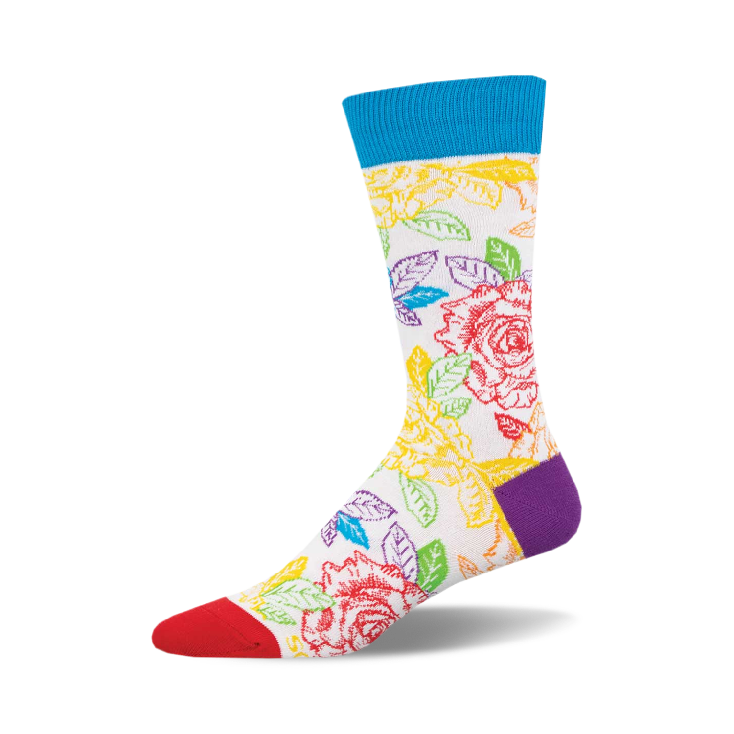 Crew socks in white with a rainbow-colored floral pattern, featuring roses and leaves.  The cuff is teal, and the heel is purple.