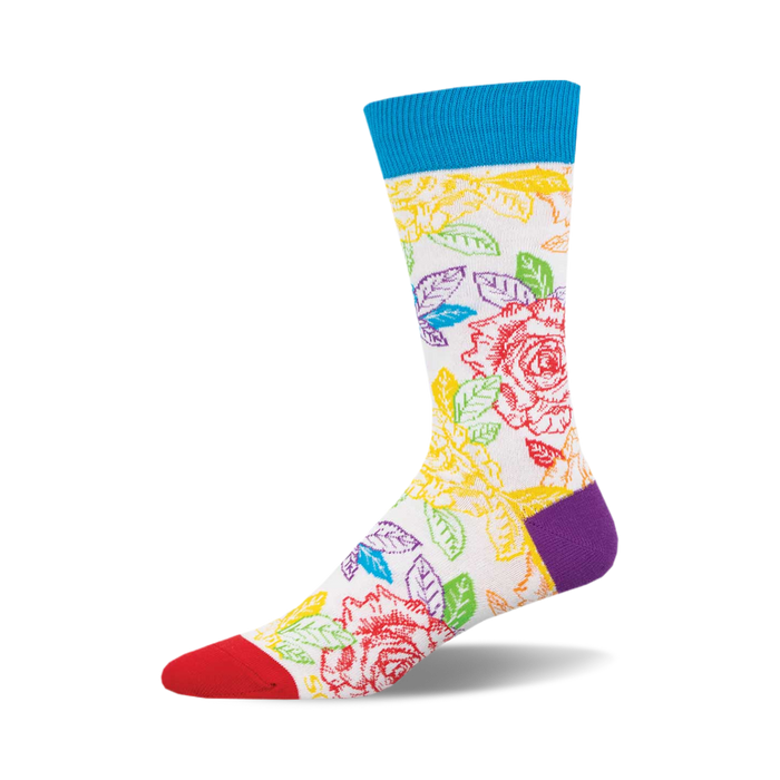 socks with a pattern of multicolored roses with green leaves on a white background. the top of the sock is blue and the toe is red. }}