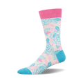 Crew socks in cream, light pink, and light blue with a floral rose pattern.  Pink top band.