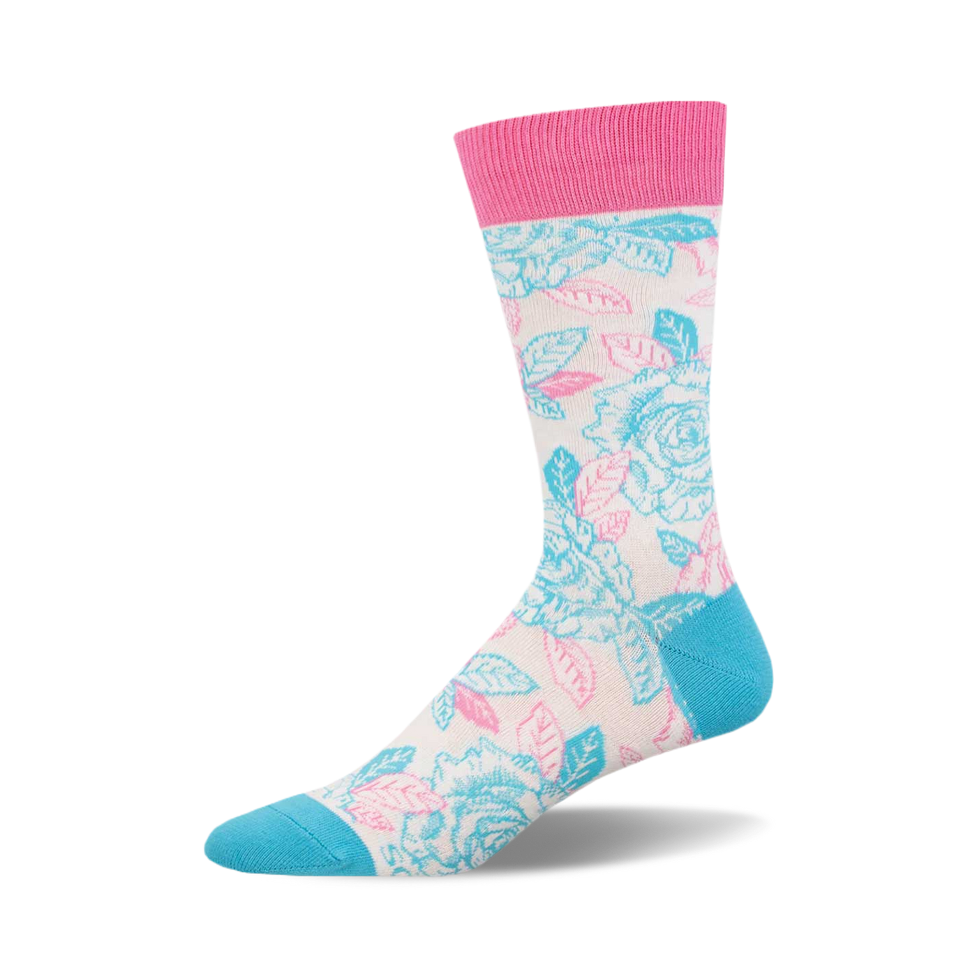 Crew socks in cream, light pink, and light blue with a floral rose pattern.  Pink top band.
