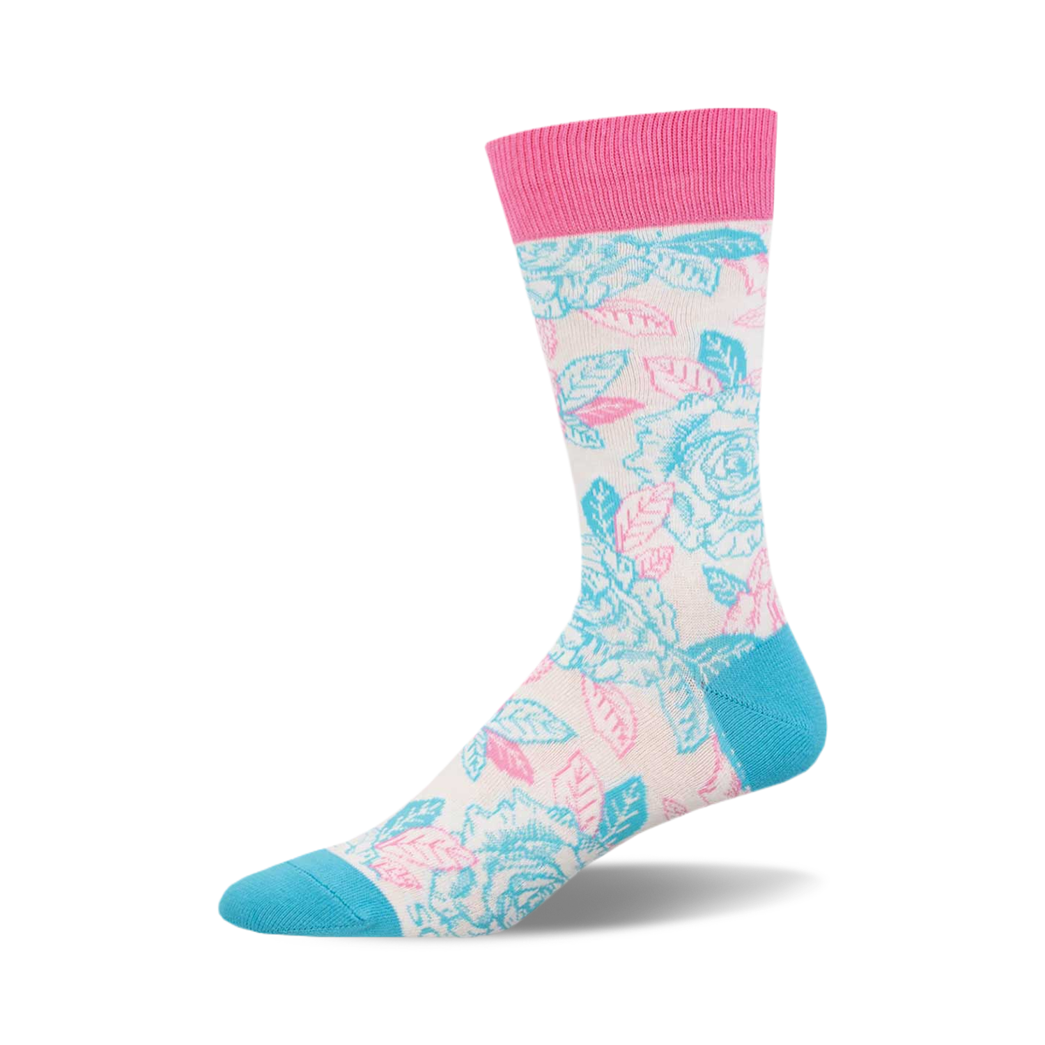 Crew socks in cream, light pink, and light blue with a floral rose pattern.  Pink top band.