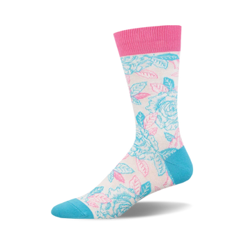 socks with a pattern of pink and blue roses on a white background. the roses have light green leaves. the top of the sock is pink. the bottom of the sock and the toe are blue.