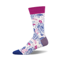 Crew socks in cream with a blue, pink, and purple floral print.  Roses and leaves are the main design elements.  Purple and blue accents on the cuff and toe.