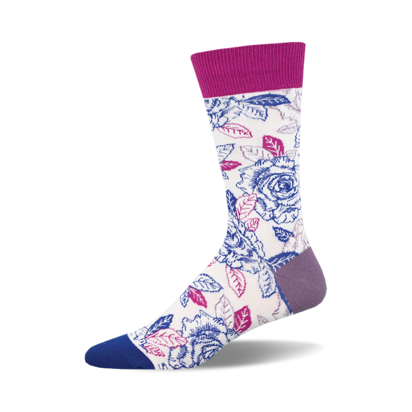 Crew socks in cream with a blue, pink, and purple floral print.  Roses and leaves are the main design elements.  Purple and blue accents on the cuff and toe.