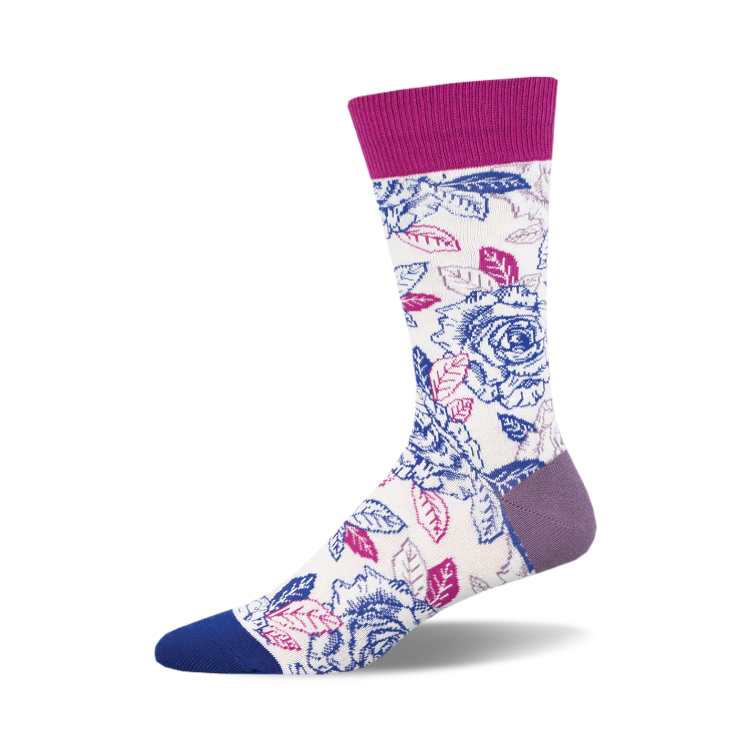Crew socks in cream with a blue, pink, and purple floral print.  Roses and leaves are the main design elements.  Purple and blue accents on the cuff and toe.