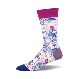 socks with a pattern of blue and pink roses with green leaves on a white background. the top of the sock is purple. the bottom of the sock is blue.