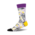 Crew socks in white with a black rose and leaf design. Purple and yellow accents. Black toe and heel.