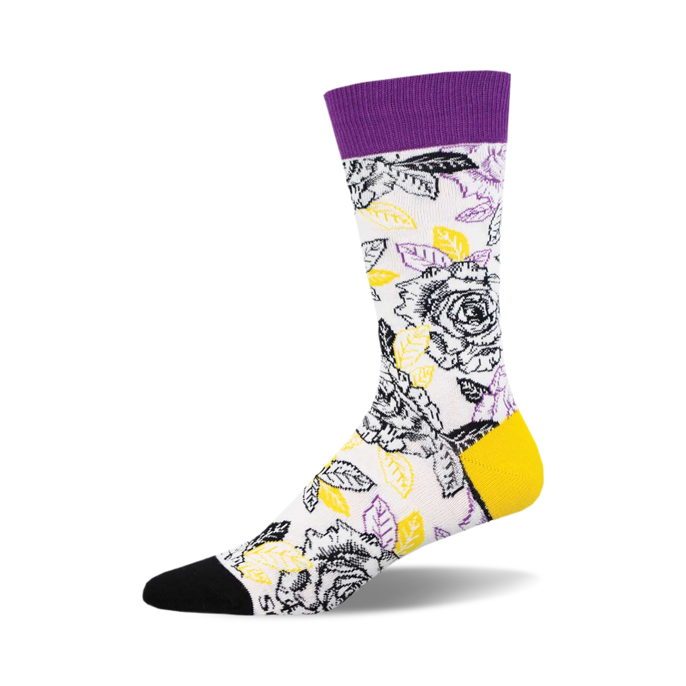 Crew socks in white with a black rose and leaf design. Purple and yellow accents. Black toe and heel.